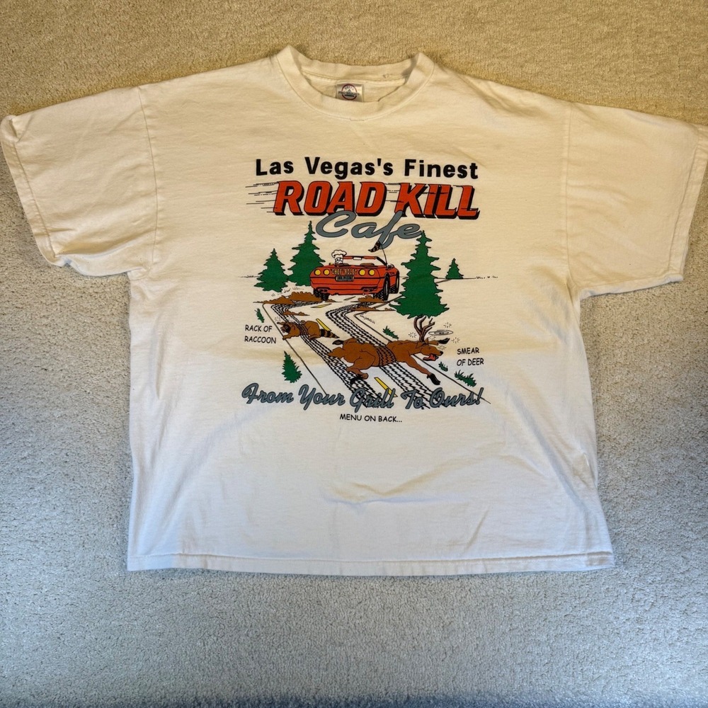 VTG Road Kill Cafe Las Vegas T Shirt Graphic Men XL White Cotton‎ Funny Parody